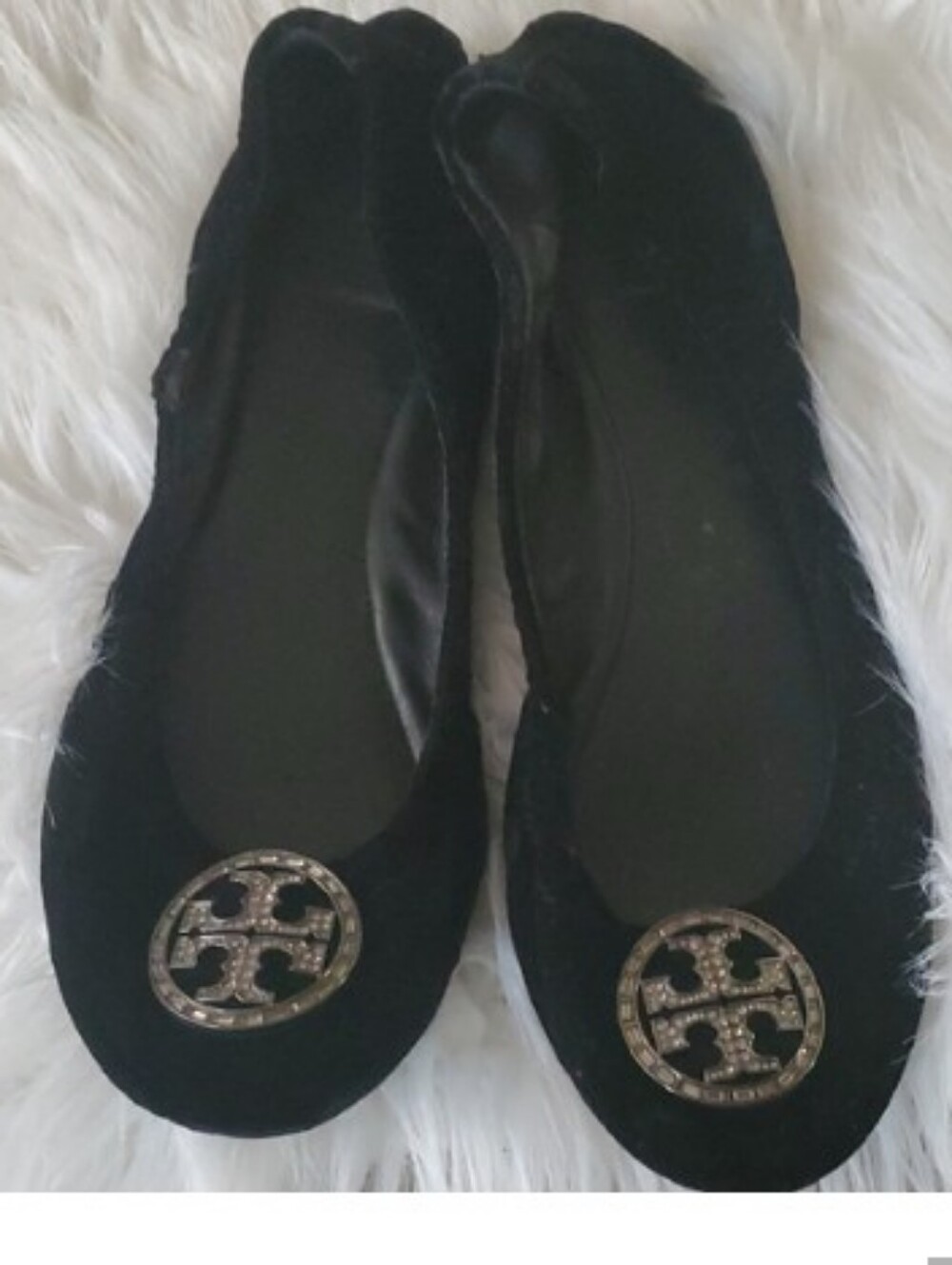 Tory Burch Black Velvet Ballet Flats with Silver Logo Medallion